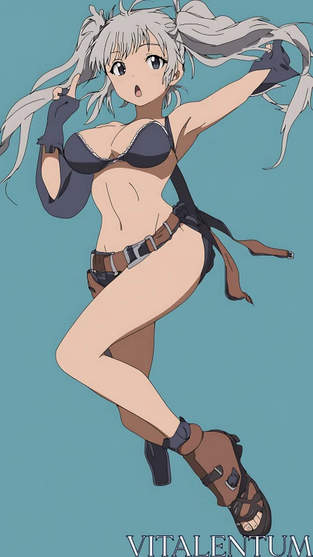 Energetic silver‑haired anime girl strikes a dynamic pose midair