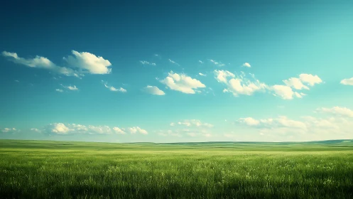 Green grass field extends under clear blue sky with clouds