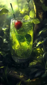 Verdant Cocktail with Mint and Berry Garnish Illuminated by Luminous Foliage.