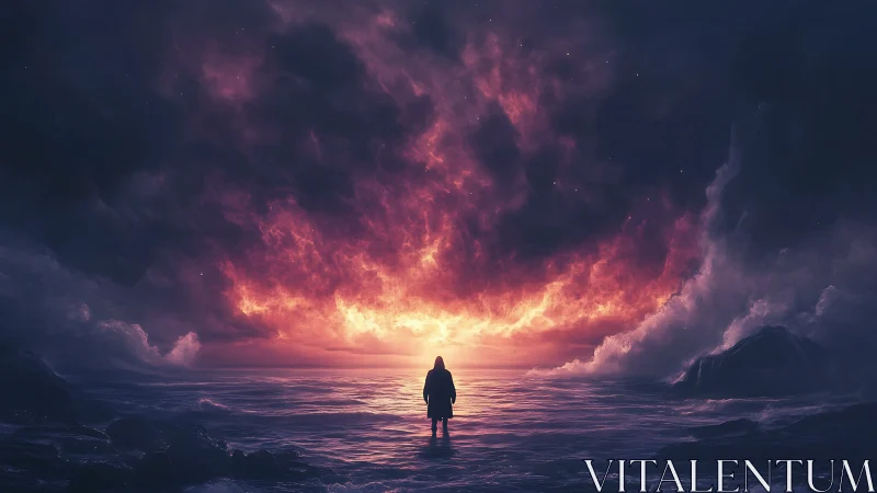 Solitary dreamer walks toward a radiant, storm‑lit horizon