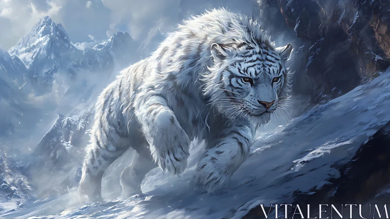 Stormstride snow tiger stalking through high winter peaks.