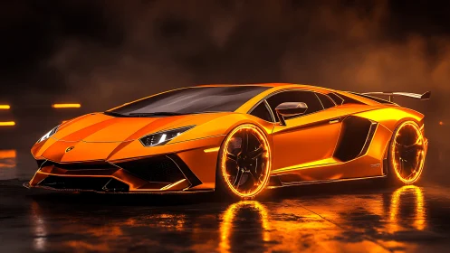 3D hyper-gloss supercar with neon rim illumination in motion.