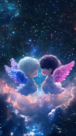 Starlit chibi angels share a gentle moment in glowing skies
