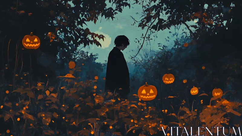 Silhouetted youth in misty forest clearing with glowing jack o lanterns