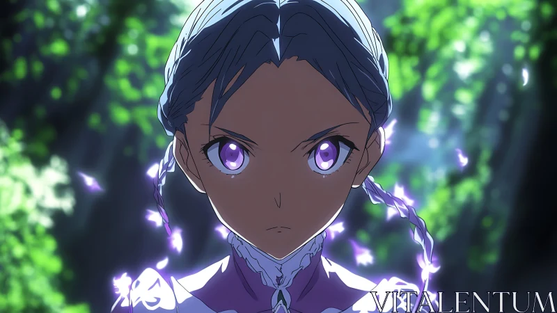 Purple-eyed anime heroine framed by luminous forest bokeh light