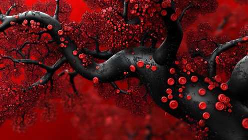 Black lacquered branch carries dense red fractal blooms