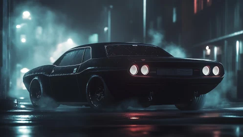 Midnight muscle car idling in cinematic neon fog scene.