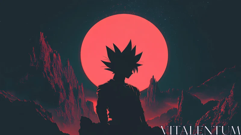 Silhouetted spiky-haired warrior stands before oversized red sun