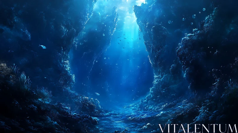 Sunlit abyssal canyon with shimmering blue seafloor.