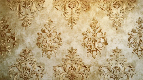 Vintage gold damask pattern on aged textured wallpaper.