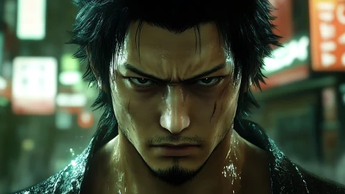 Brooding warrior glares through neon-lit city rainstorm.