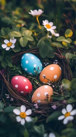 Colorful polka dot Easter eggs rest softly in a garden nest