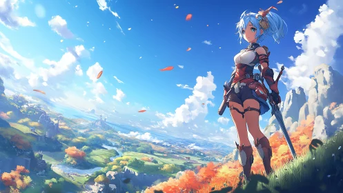 Armored anime figure surveys expansive stylized valley landscape