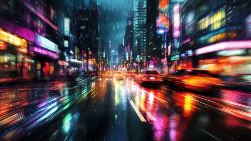 Neon rainstorm ignites a rushing midnight city boulevard.