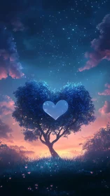Heart-Shaped Tree Against Starlit Sky With Gradient Atmosphere.