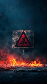 Hazard Warning Sign Engulfed in Pyroclastic Inferno.