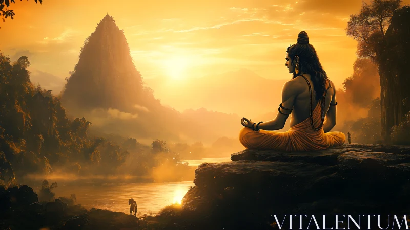 Meditating sage overlooks misty river valley at sunrise