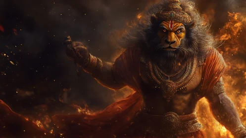 Lion-headed warrior deity amid swirling firestorm.