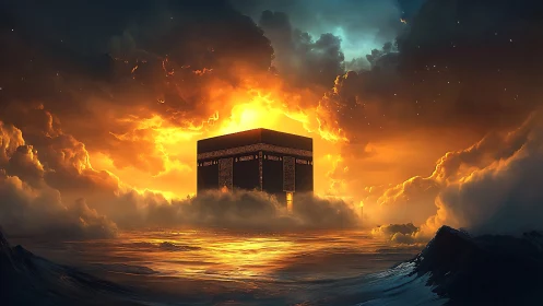 Kaaba illuminated within stormy celestial seascape vision.