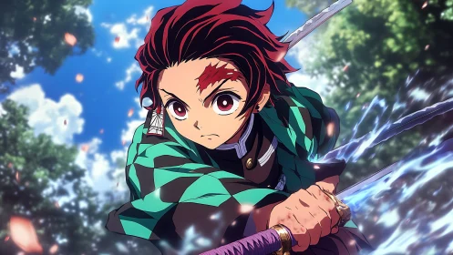 Anime swordsman lunges forward with glowing water blade.