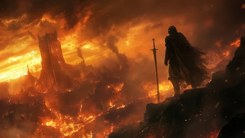 Cloaked Warrior Silhouetted Against Massive Burning Cathedral Architecture