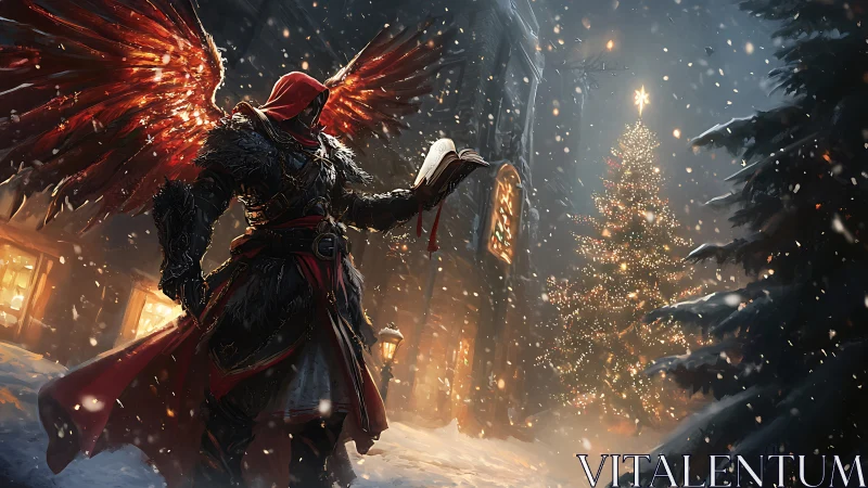 Winged winter sentinel reads firelit omens beside tree