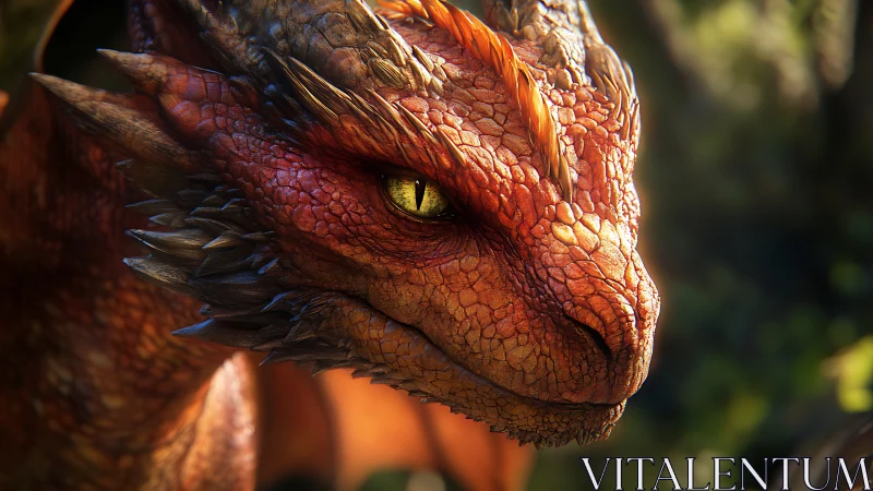 Gentle ember dragon resting in warm forest daylight.