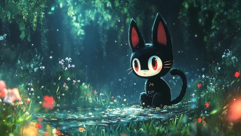 Enchanted black cat character beside glowing forest pool.