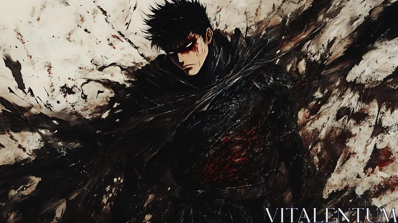 Brooding dark warrior amid chaotic abstract brushstorm.