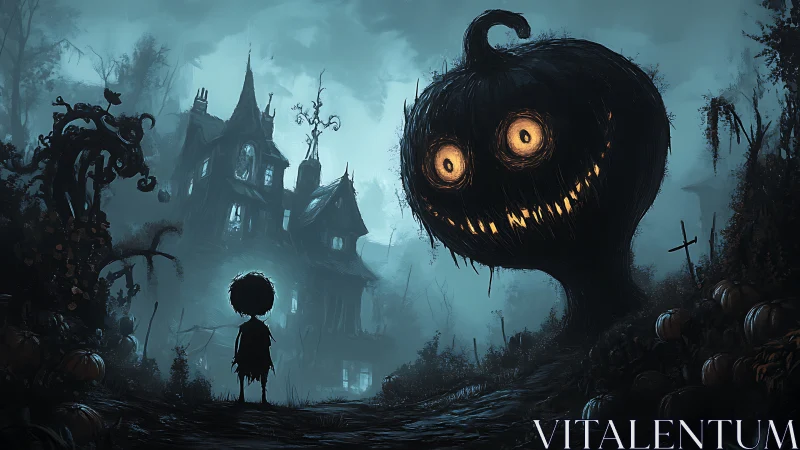 Moonlit haunted manor with giant sinister jack o lantern