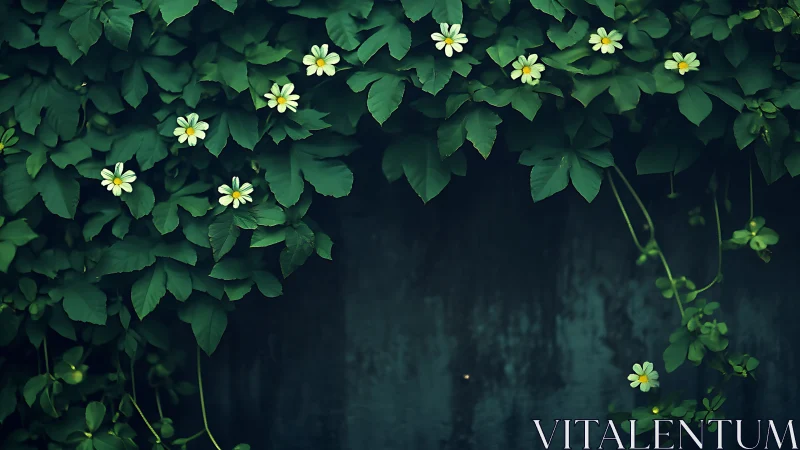 Dark wall framed by trailing green vines and white flowers