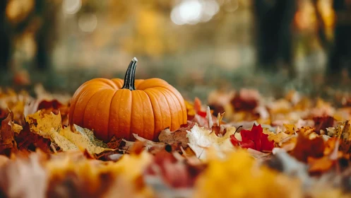 Low-angle depth-of-field study of pumpkin in leaf litter.