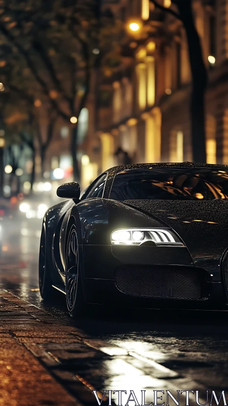 Sleek black supercar idles on wet city street at night
