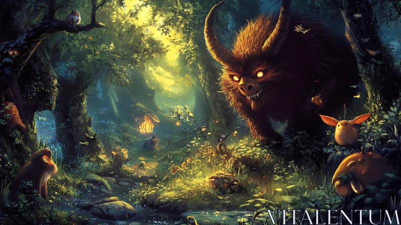 Luminescent forest beasts converge around glowing woodland clearing
