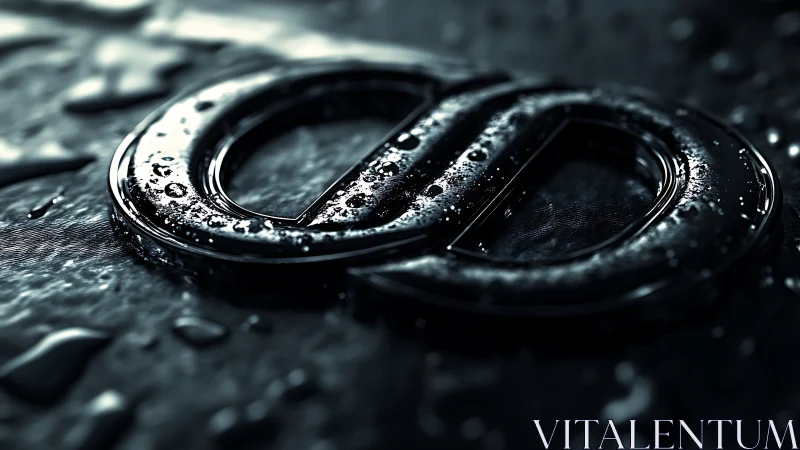 Wet metallic infinity symbol on dark reflective surface.