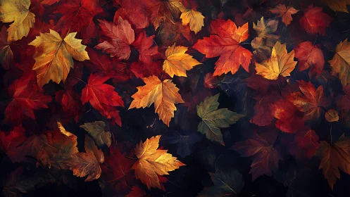 Crimson maple leaves drift across a velvety twilight forest floor.