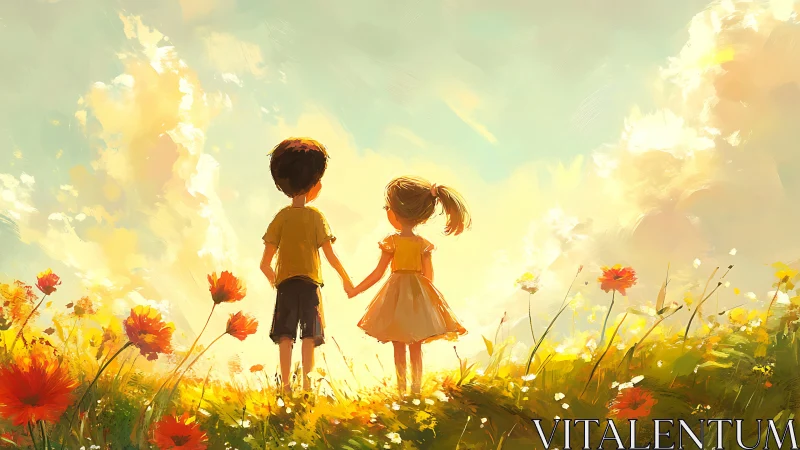 Children holding hands in golden wildflower meadow at sunset