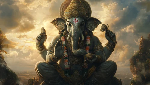 Gentle Ganesha seated in golden light above the clouds.