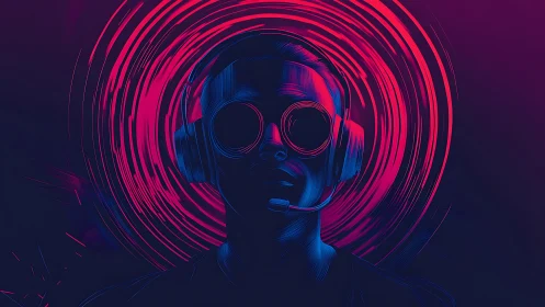 Neon sound pilot listens into swirling midnight frequencies