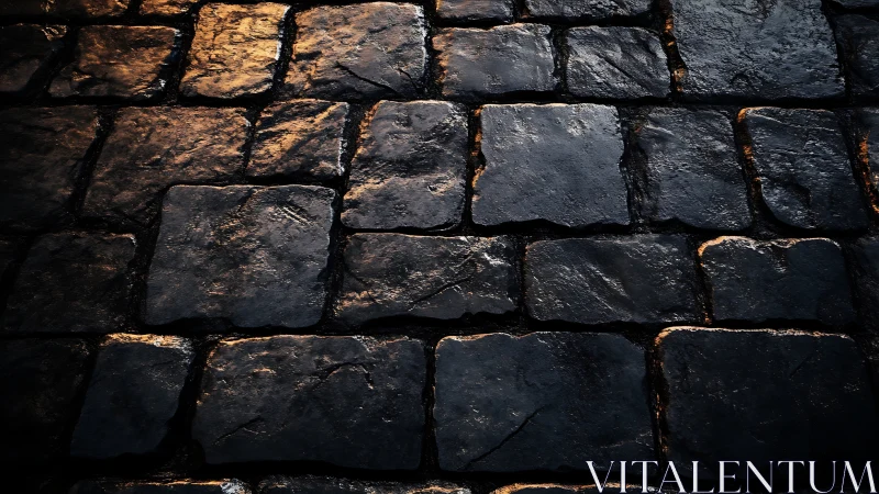 Weathered cobblestone pavement under low directional light.