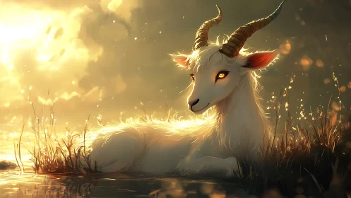 Mythic white goat rests in golden sunset marsh glow.