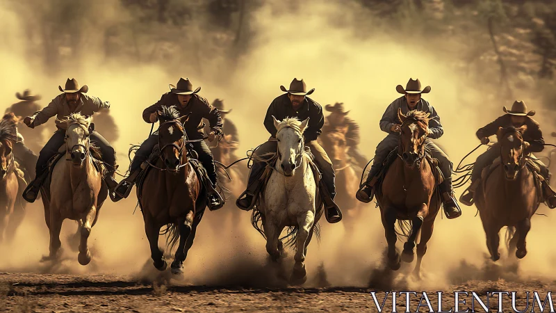 Cowboys driving galloping horses through cinematic dust storm.