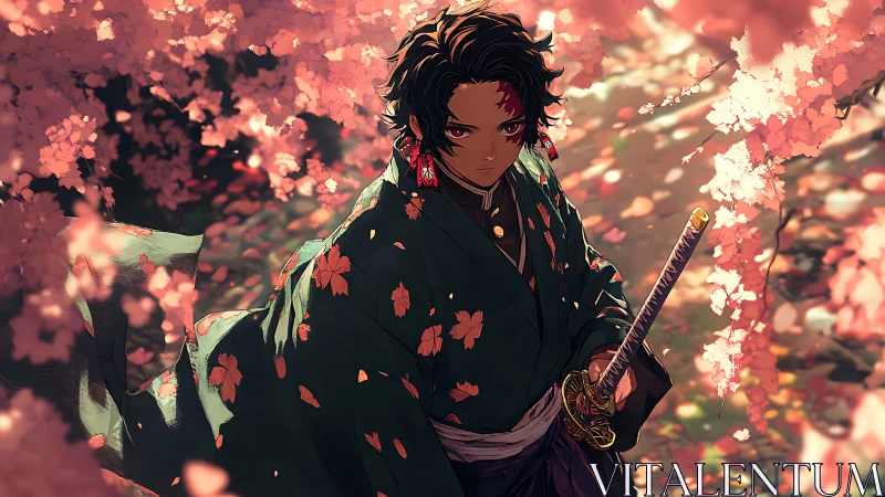 Cherry blossoms surround a calm, determined anime swordsman