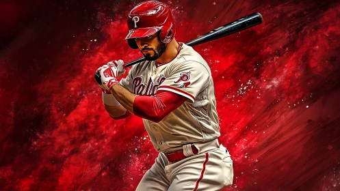 Digital portrait baseball batter in red explosive motion.