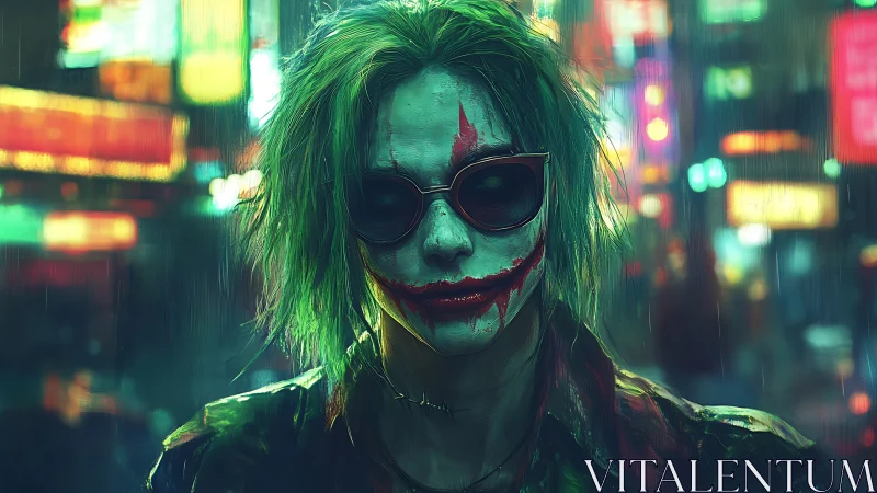 Neon-soaked clown visage in rainy cyber-urban streetscape.