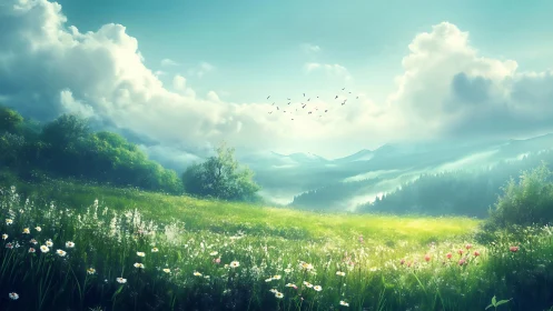 Sunlit meadow whispers beneath soft roaming clouds.