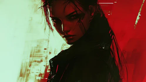 Digital portrait of woman in red and green contrasted light.