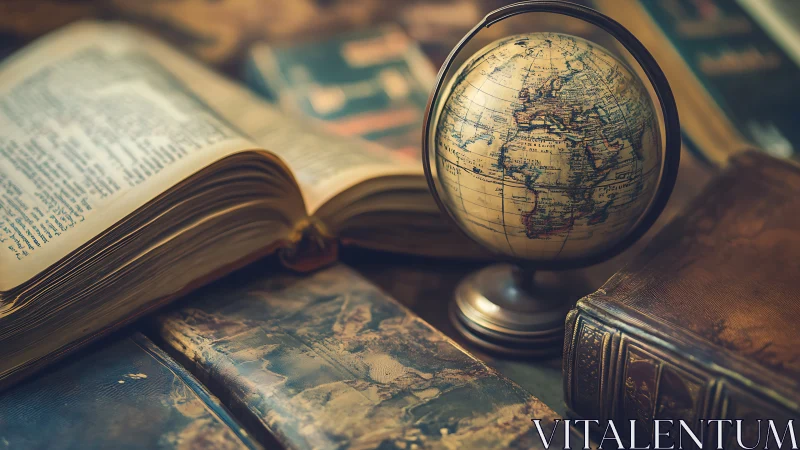 Vintage globe sits beside worn open books on a table