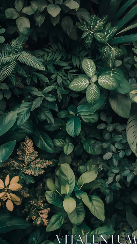 Dense green foliage wall with layered tropical leaves.
