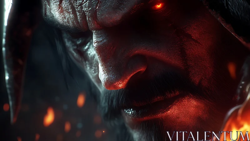 Demonic warrior glares in molten red light and drifting embers.